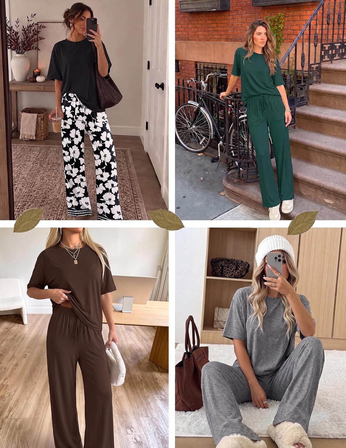 image:imageEkouaer Pajama Sets for Women 2 Piece Short Sleeve Top Straight Pants PjsBlack White Flowers