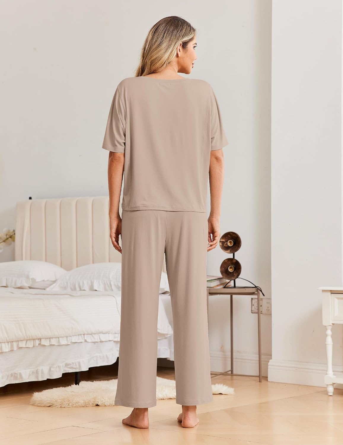 image:imageEkouaer Pajama Sets for Women 2 Piece Short Sleeve Top Straight Pants PjsKhaki