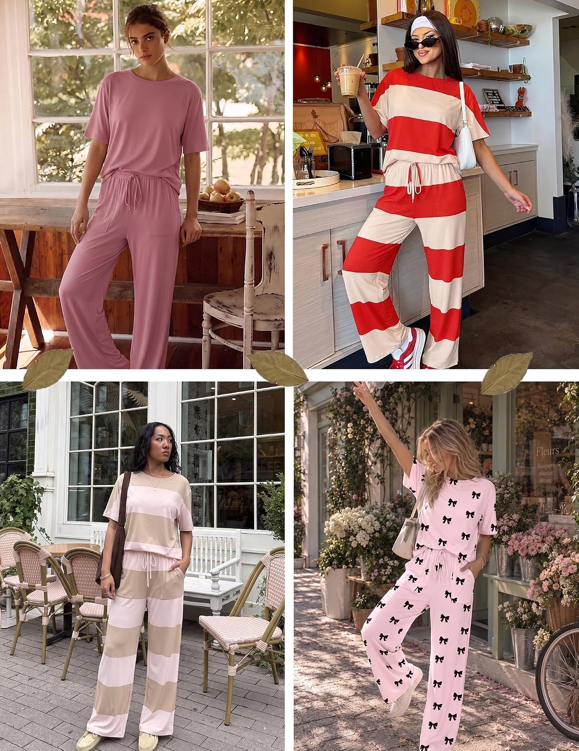 image:imageEkouaer Pajama Sets for Women 2 Piece Short Sleeve Top Straight Pants PjsKhaki Apricot Stripes