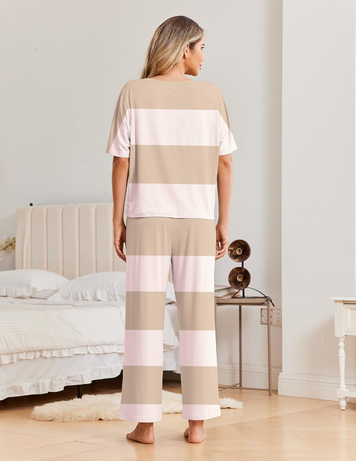 image:imageEkouaer Pajama Sets for Women 2 Piece Short Sleeve Top Straight Pants PjsKhaki Apricot Stripes