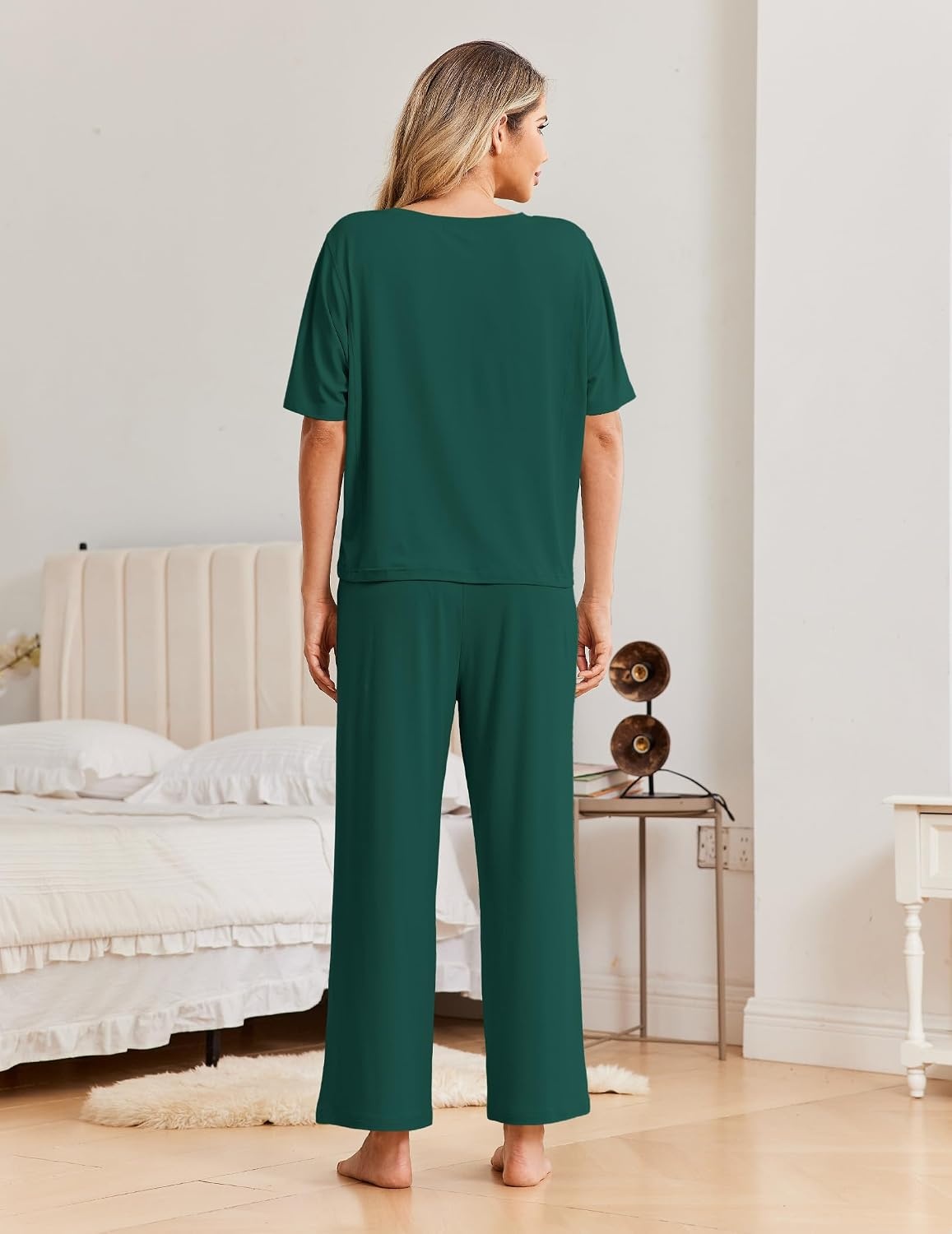 image:imageEkouaer Pajama Sets for Women 2 Piece Short Sleeve Top Straight Pants PjsLake Green