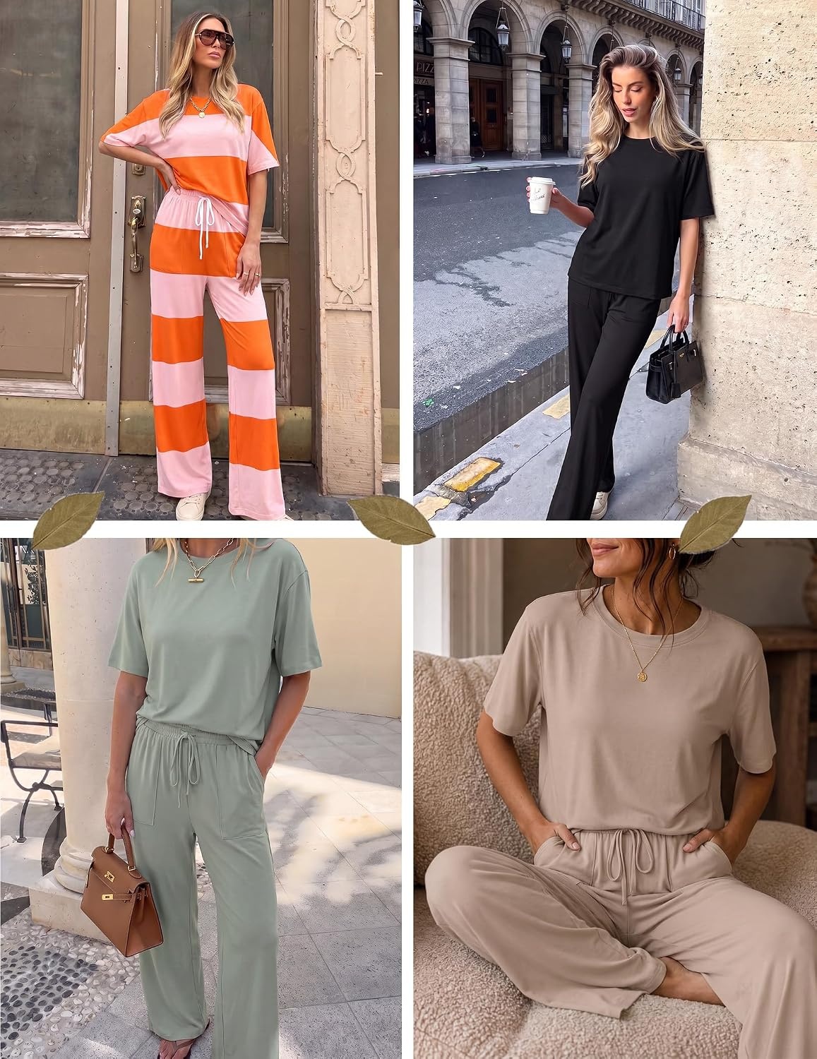 image:imageEkouaer Pajama Sets for Women 2 Piece Short Sleeve Top Straight Pants PjsOrange Pink Stripes