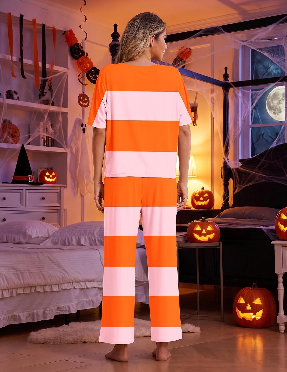 image:imageEkouaer Pajama Sets for Women 2 Piece Short Sleeve Top Straight Pants PjsOrange Pink Stripes