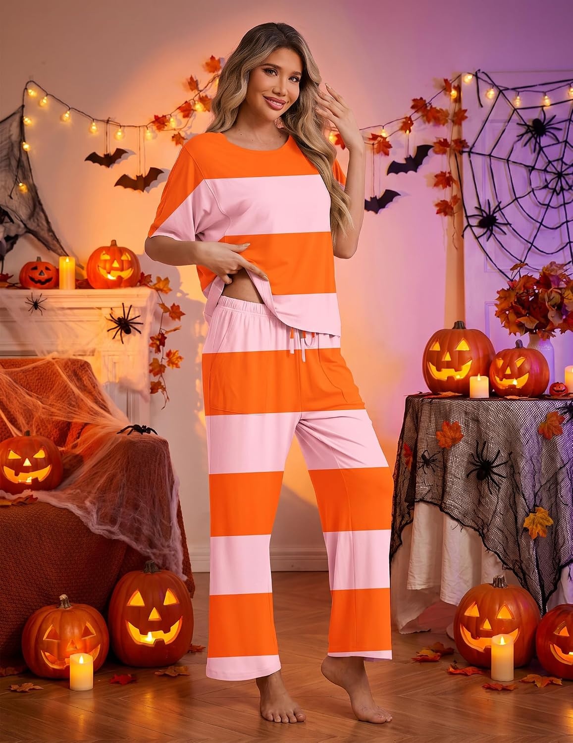 image:imageEkouaer Pajama Sets for Women 2 Piece Short Sleeve Top Straight Pants PjsOrange Pink Stripes