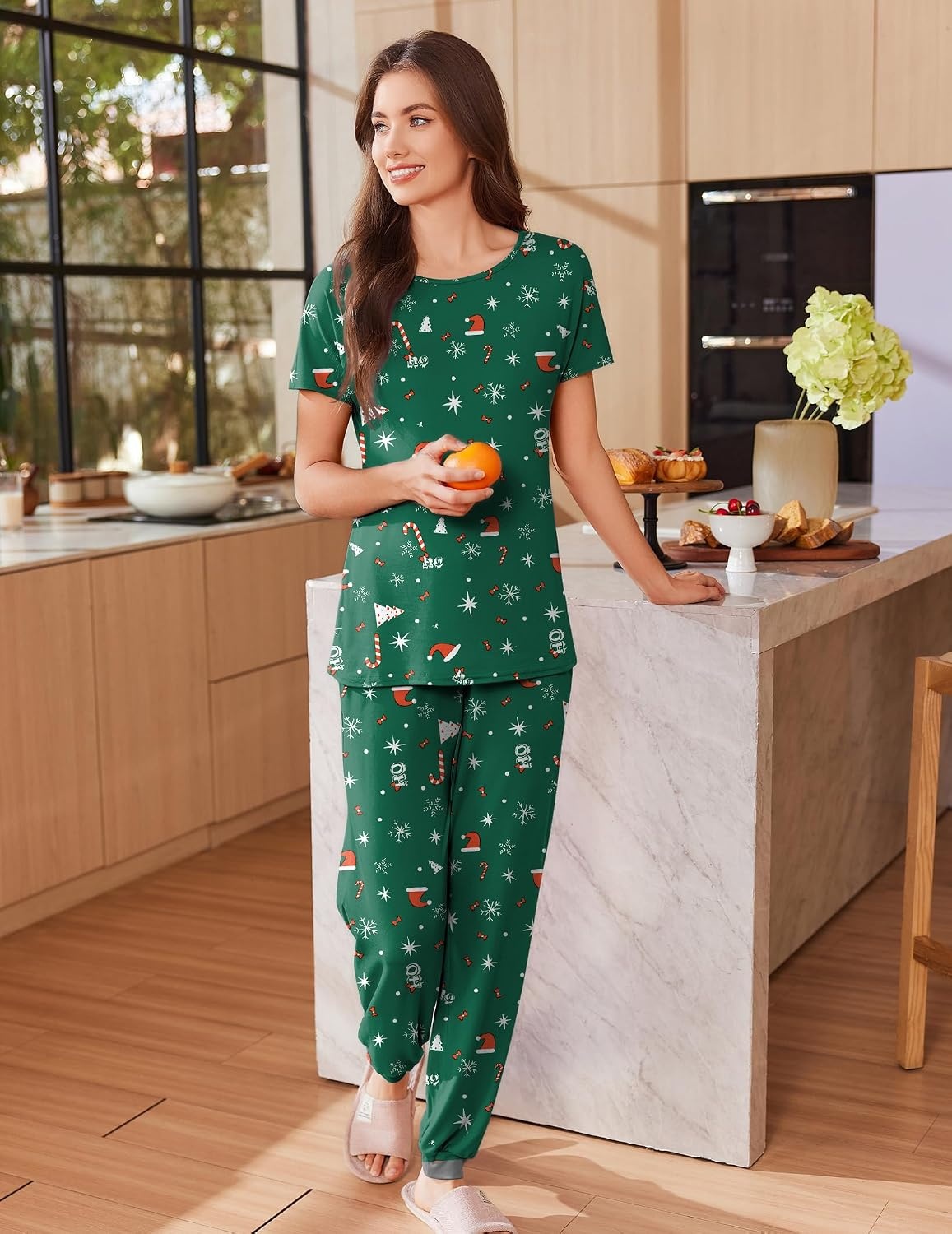image:imageEkouaer Pajamas for Womens Set Soft 2 Piece Loungewear with Jogger PantsGreen Christmas
