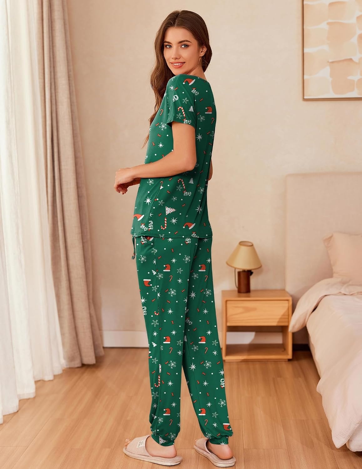 image:imageEkouaer Pajamas for Womens Set Soft 2 Piece Loungewear with Jogger PantsGreen Christmas