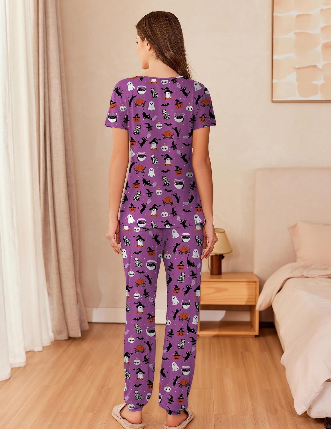 image:imageEkouaer Pajamas for Womens Set Soft 2 Piece Loungewear with Jogger PantsHalloween Purple