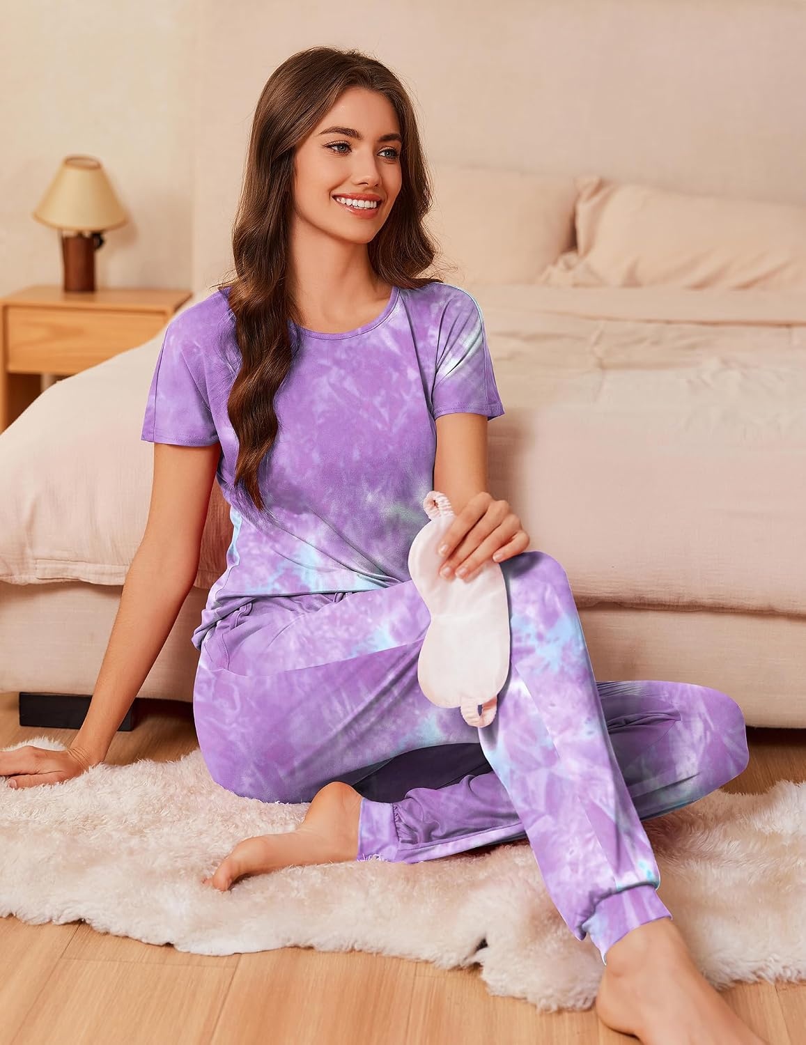 image:imageEkouaer Pajamas for Womens Set Soft 2 Piece Loungewear with Jogger PantsPurple Tiedye