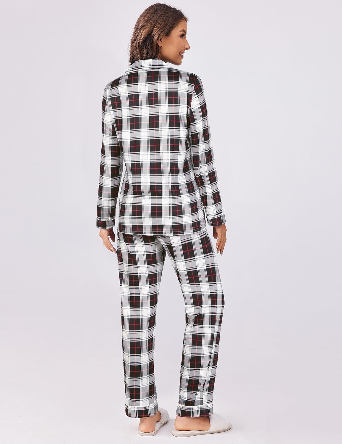 image:imageEkouaer Womens Pajama Sets Button Down Long Sleeve Top amp Pants Sleep setsBlack White Plaid