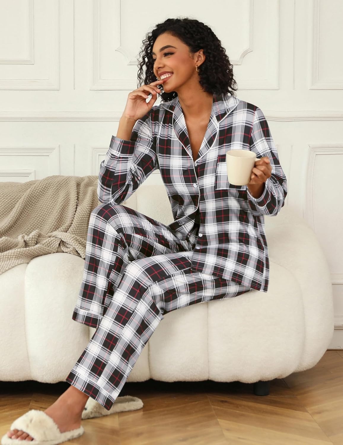 image:imageEkouaer Womens Pajama Sets Button Down Long Sleeve Top amp Pants Sleep setsBlack White Plaid