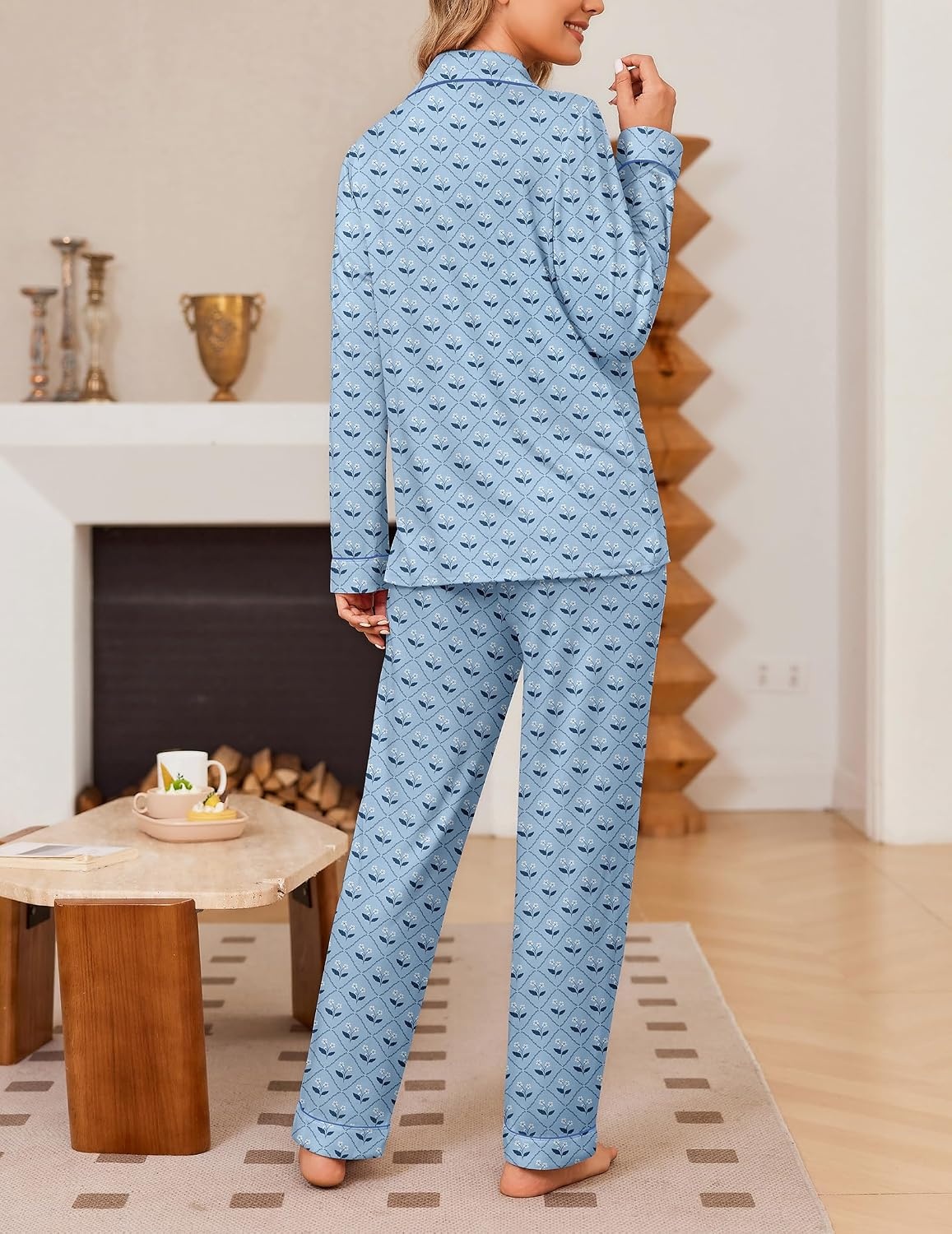 image:imageEkouaer Womens Pajama Sets Button Down Long Sleeve Top amp Pants Sleep setsBlue Floral
