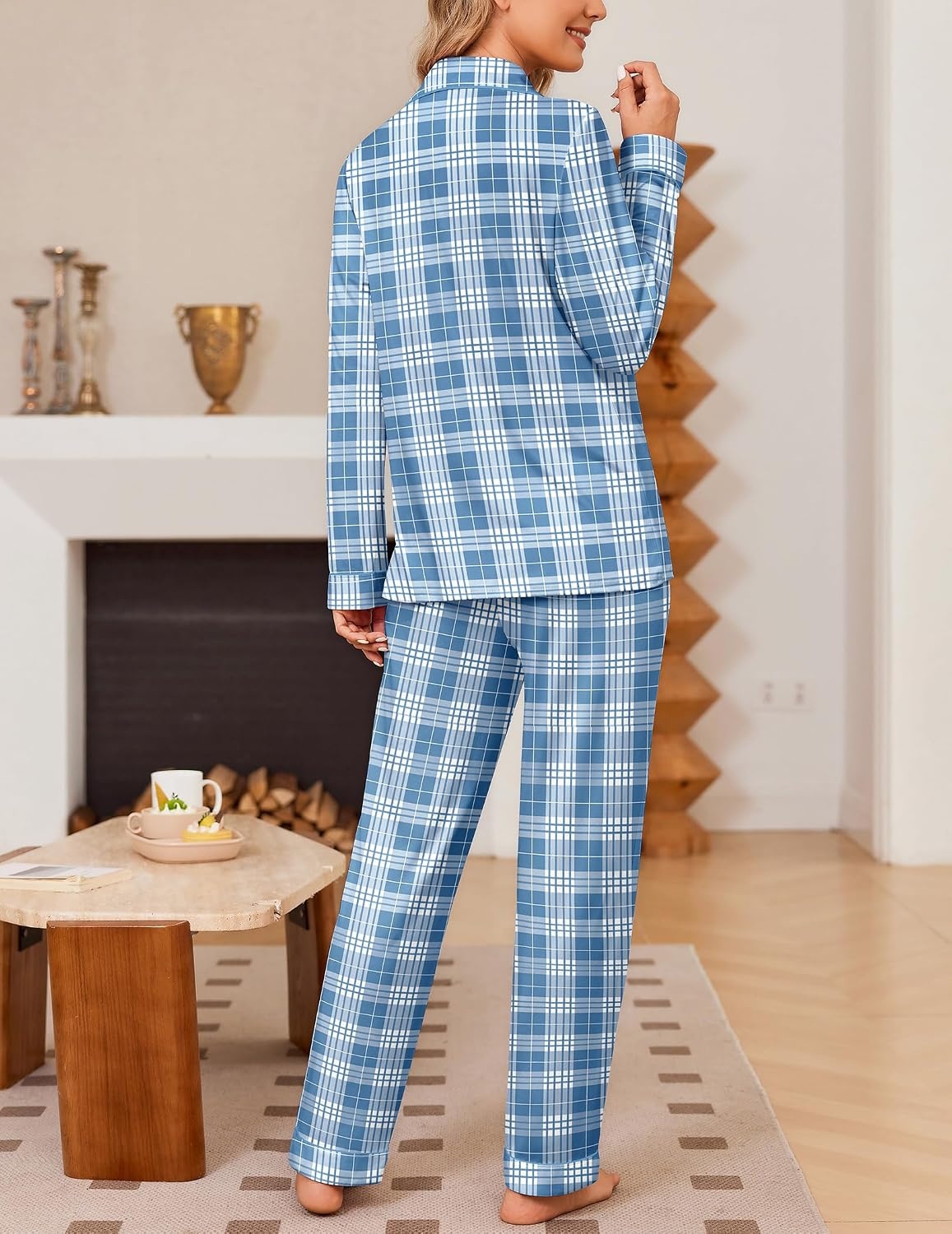 image:imageEkouaer Womens Pajama Sets Button Down Long Sleeve Top amp Pants Sleep setsBlue Plaid