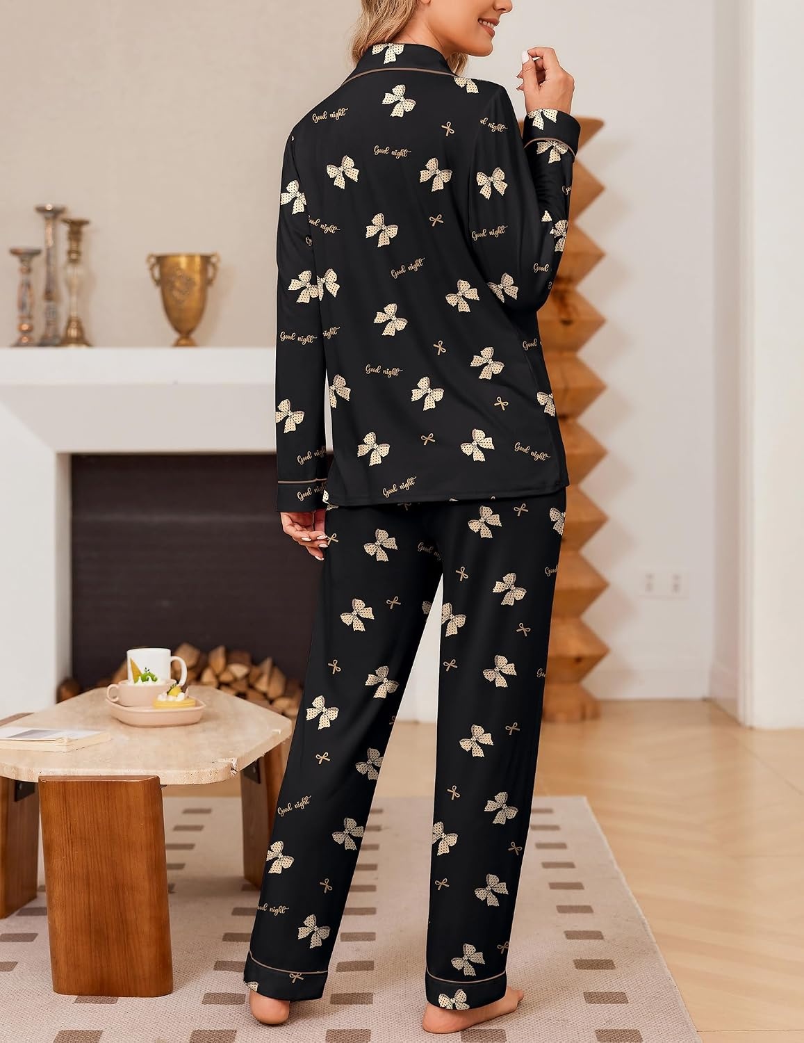 image:imageEkouaer Womens Pajama Sets Button Down Long Sleeve Top amp Pants Sleep setsBows Black