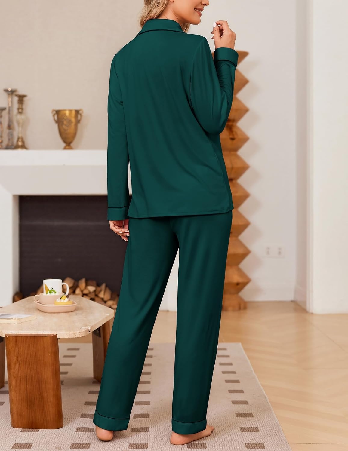 image:imageEkouaer Womens Pajama Sets Button Down Long Sleeve Top amp Pants Sleep setsGreen
