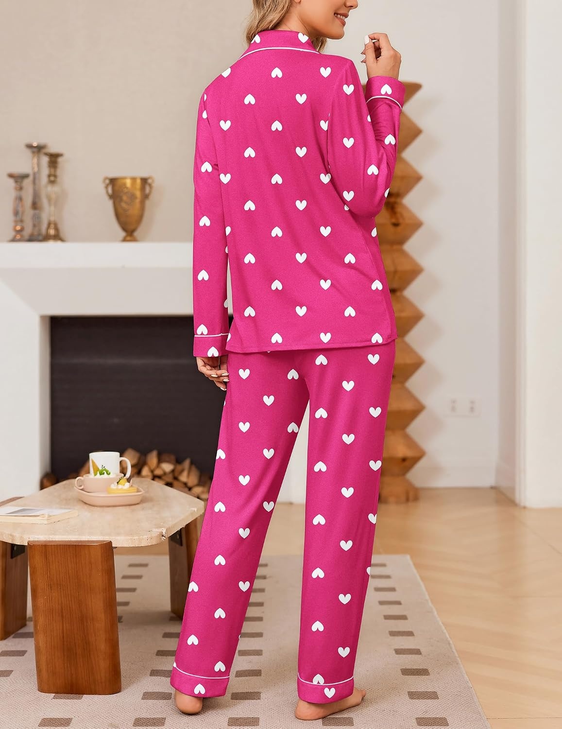 image:imageEkouaer Womens Pajama Sets Button Down Long Sleeve Top amp Pants Sleep setsHeart Pink
