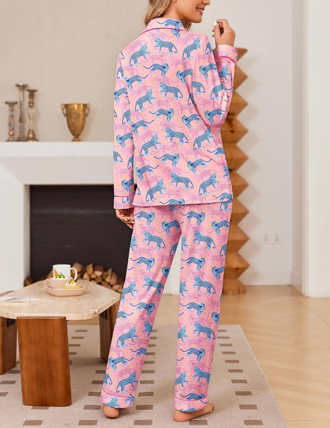 image:imageEkouaer Womens Pajama Sets Button Down Long Sleeve Top amp Pants Sleep setsLeopard Pink