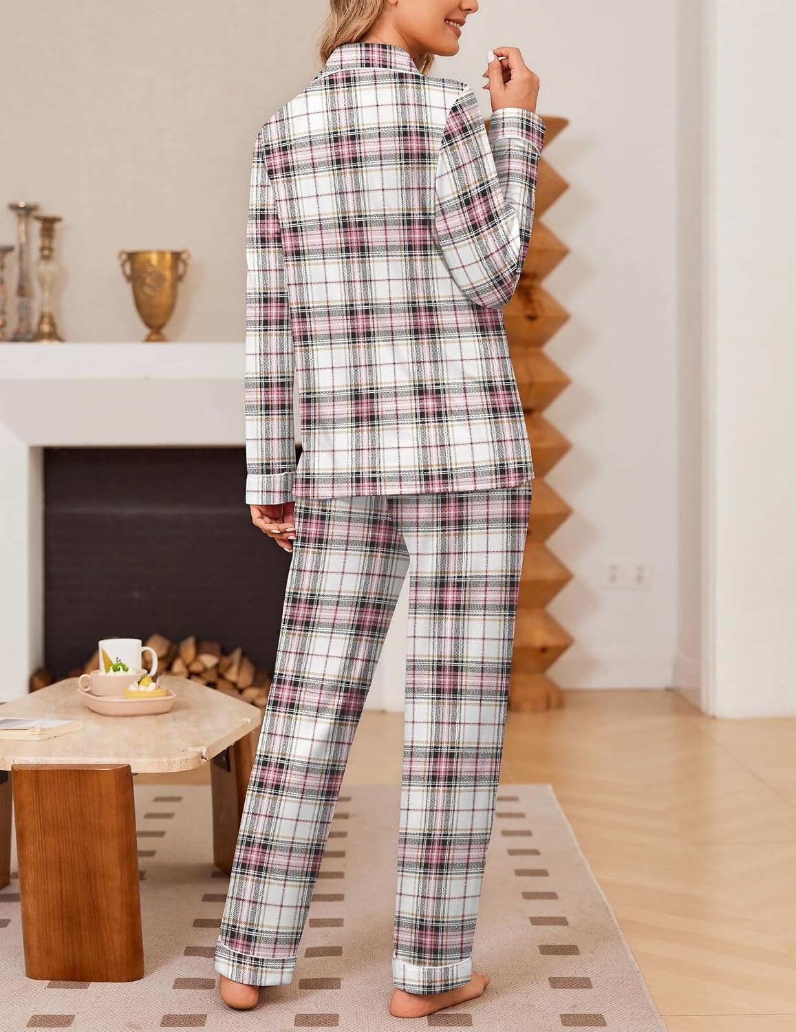 image:imageEkouaer Womens Pajama Sets Button Down Long Sleeve Top amp Pants Sleep setsLight Pink Plaid