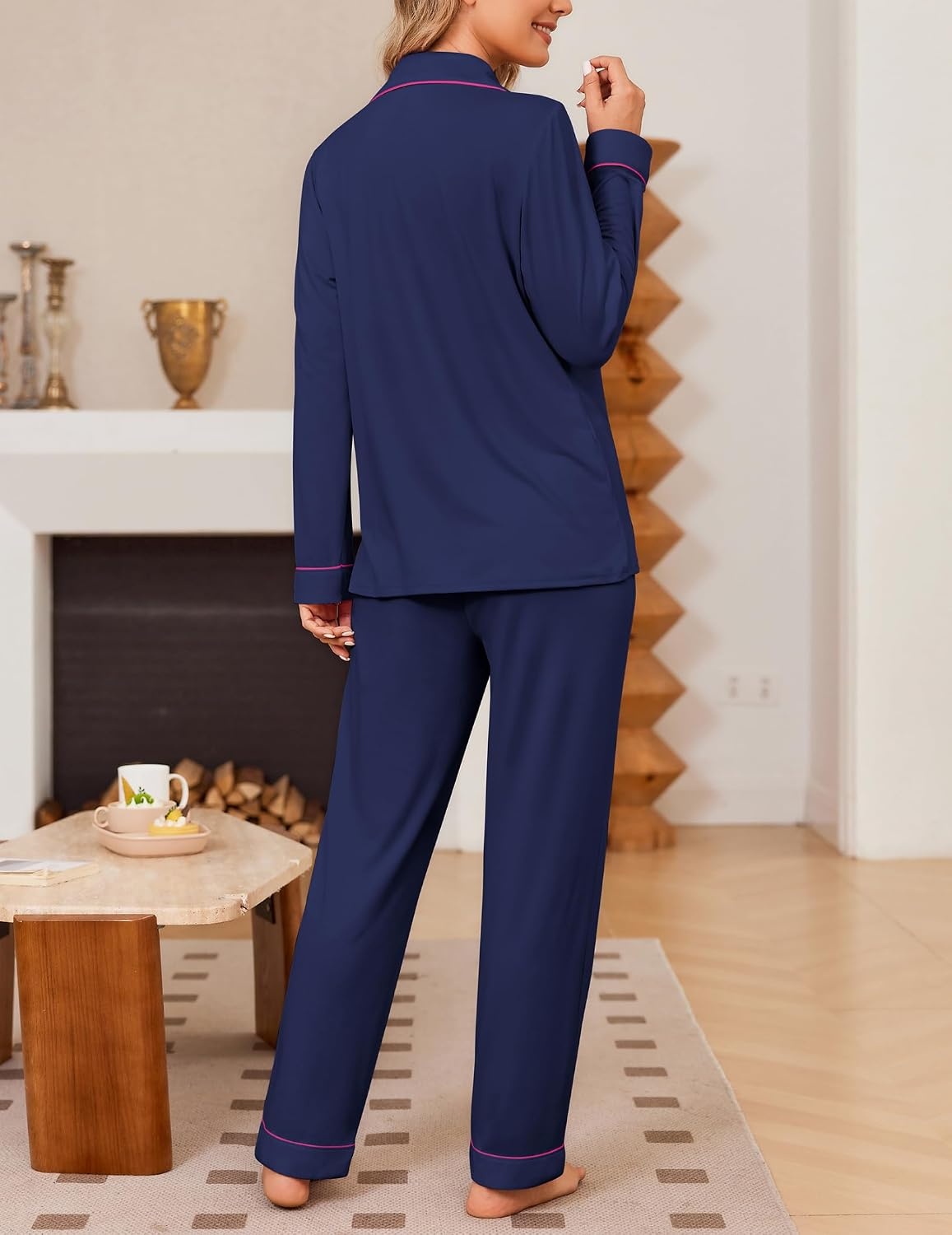 image:imageEkouaer Womens Pajama Sets Button Down Long Sleeve Top amp Pants Sleep setsNavy Blue