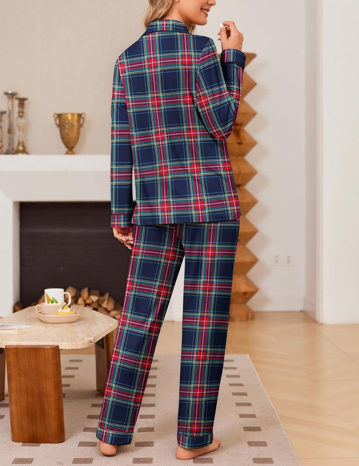 image:imageEkouaer Womens Pajama Sets Button Down Long Sleeve Top amp Pants Sleep setsRed Blue Plaid
