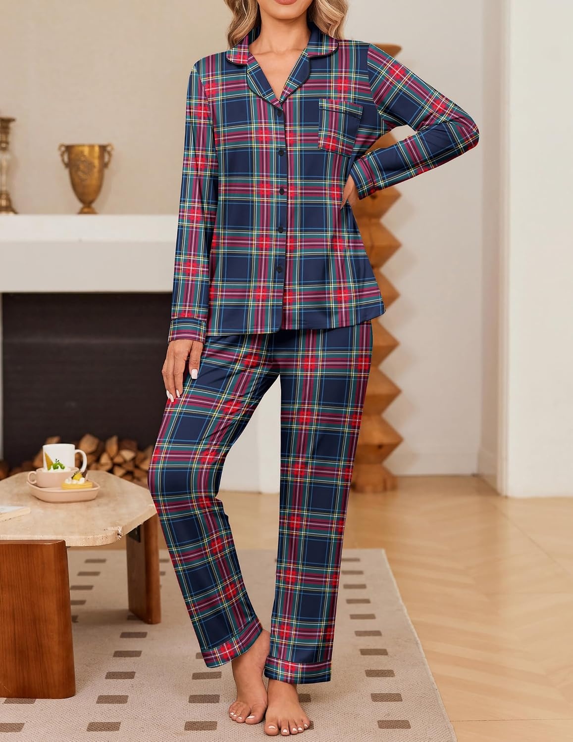 image:imageEkouaer Womens Pajama Sets Button Down Long Sleeve Top amp Pants Sleep setsRed Blue Plaid