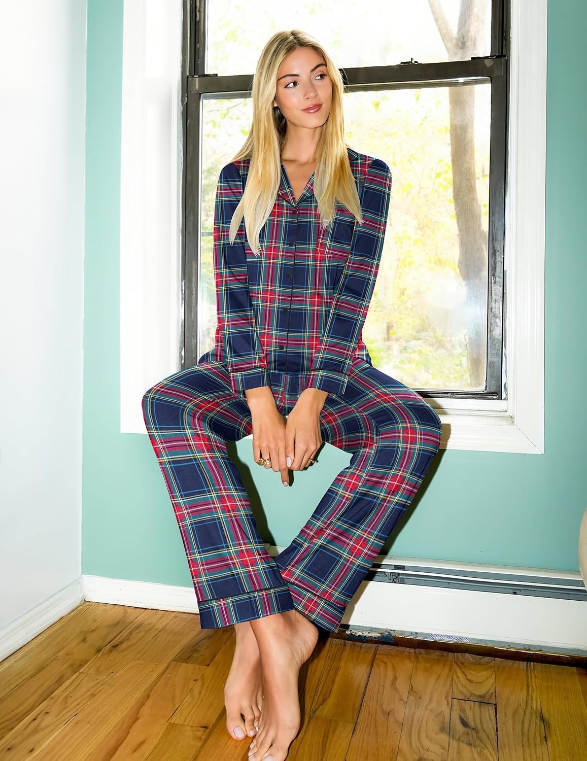 image:imageEkouaer Womens Pajama Sets Button Down Long Sleeve Top amp Pants Sleep setsRed Blue Plaid