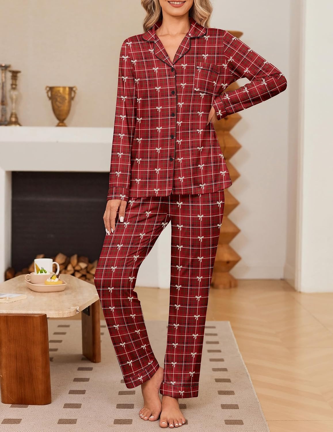 image:imageEkouaer Womens Pajama Sets Button Down Long Sleeve Top amp Pants Sleep setsRed Bow Plaid