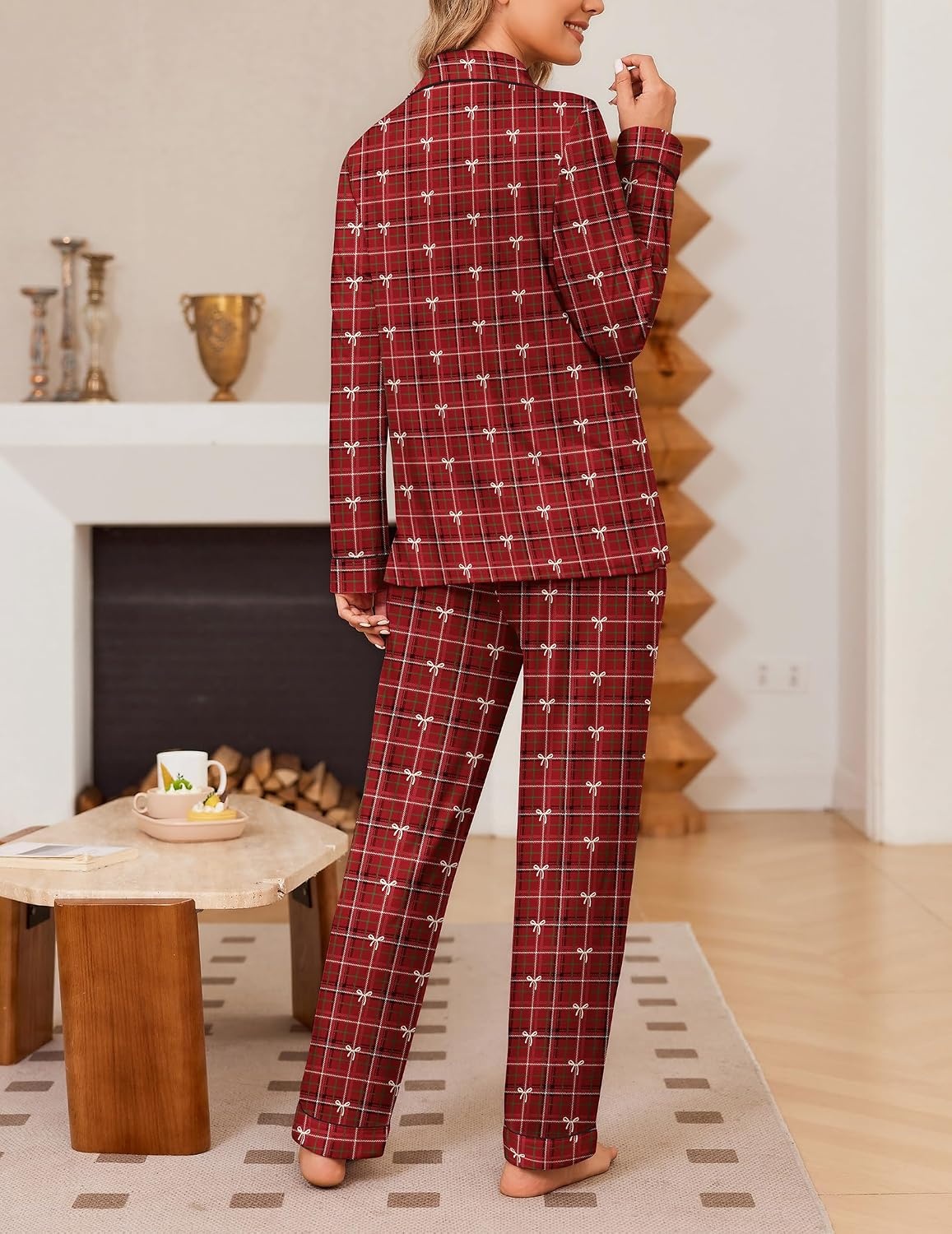 image:imageEkouaer Womens Pajama Sets Button Down Long Sleeve Top amp Pants Sleep setsRed Bow Plaid