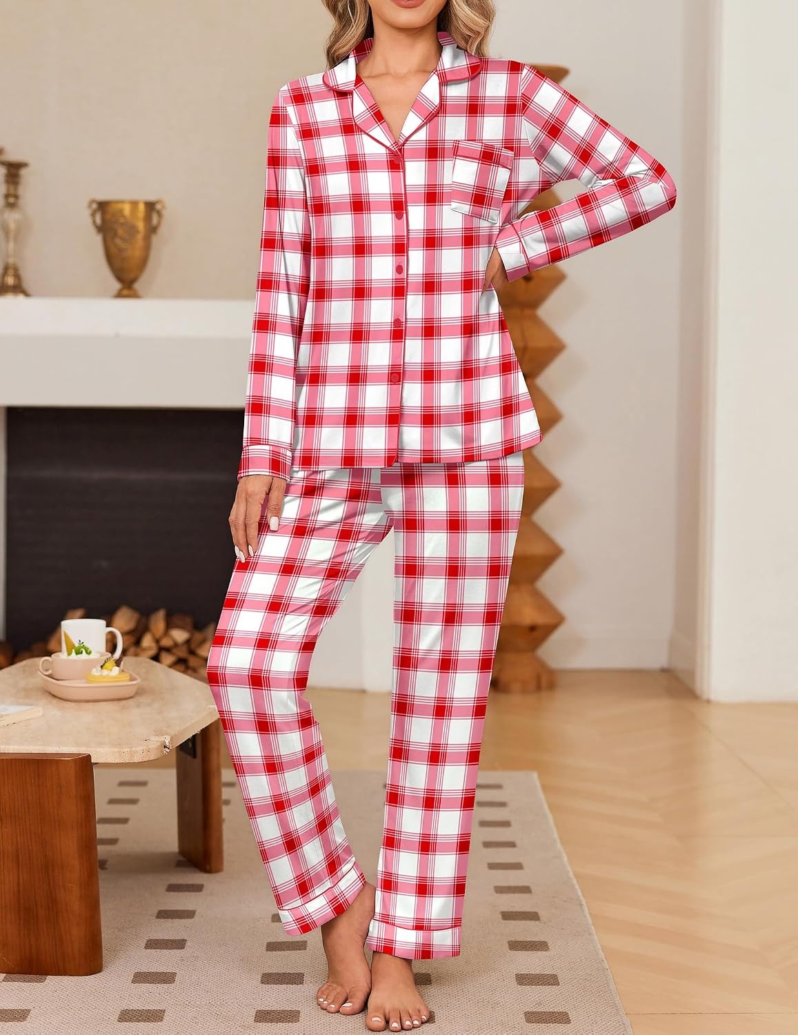 image:imageEkouaer Womens Pajama Sets Button Down Long Sleeve Top amp Pants Sleep setsRed White Plaid