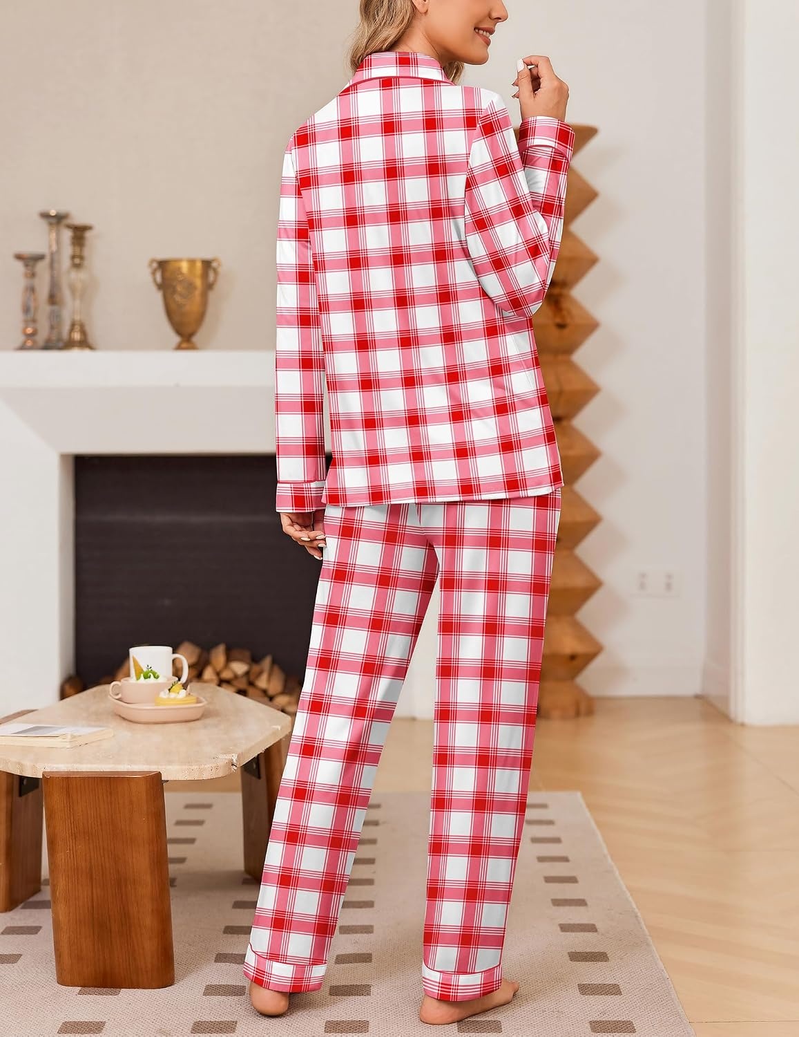 image:imageEkouaer Womens Pajama Sets Button Down Long Sleeve Top amp Pants Sleep setsRed White Plaid