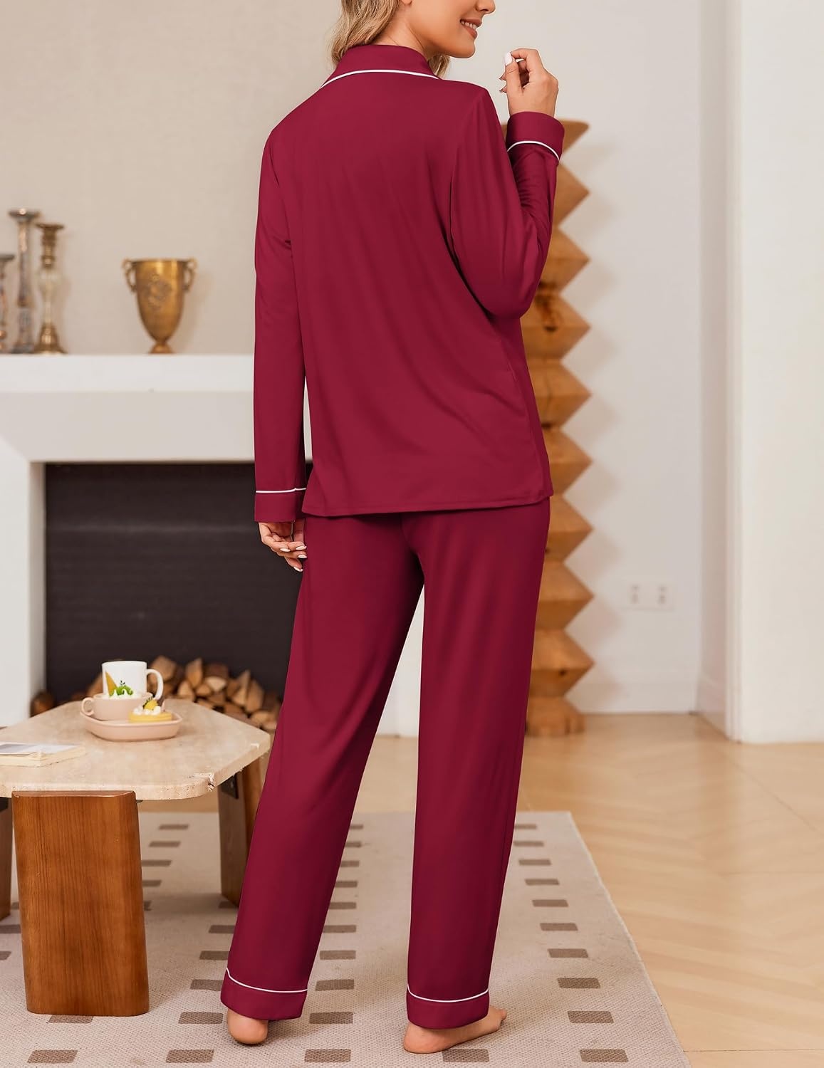 image:imageEkouaer Womens Pajama Sets Button Down Long Sleeve Top amp Pants Sleep setsWine Red