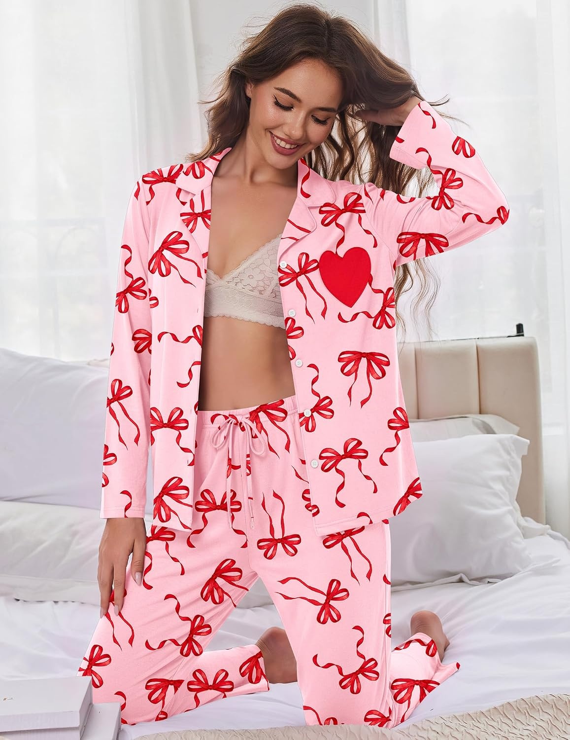 image:imageEkouaer Womens Pajama Sets Soft Long Sleeve Pjs Cute Button Down SleepwearBow Red