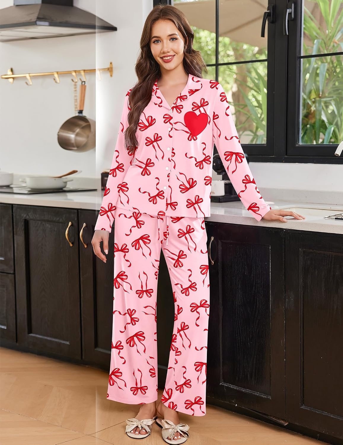 image:imageEkouaer Womens Pajama Sets Soft Long Sleeve Pjs Cute Button Down SleepwearBow Red