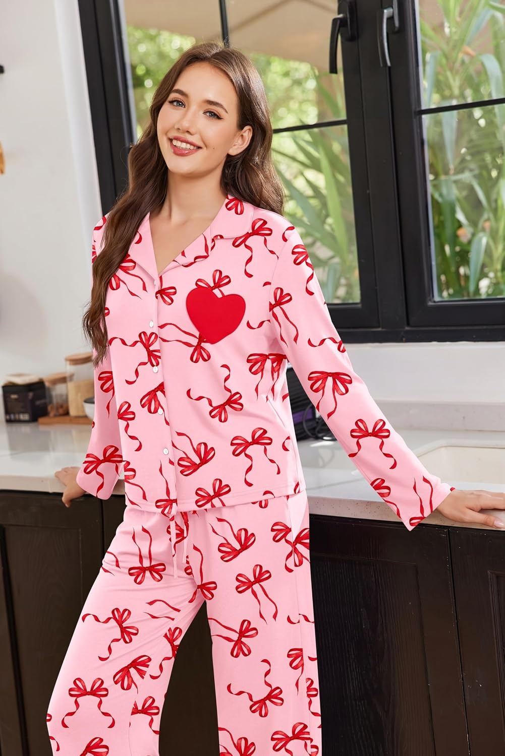image:imageEkouaer Womens Pajama Sets Soft Long Sleeve Pjs Cute Button Down SleepwearBow Red