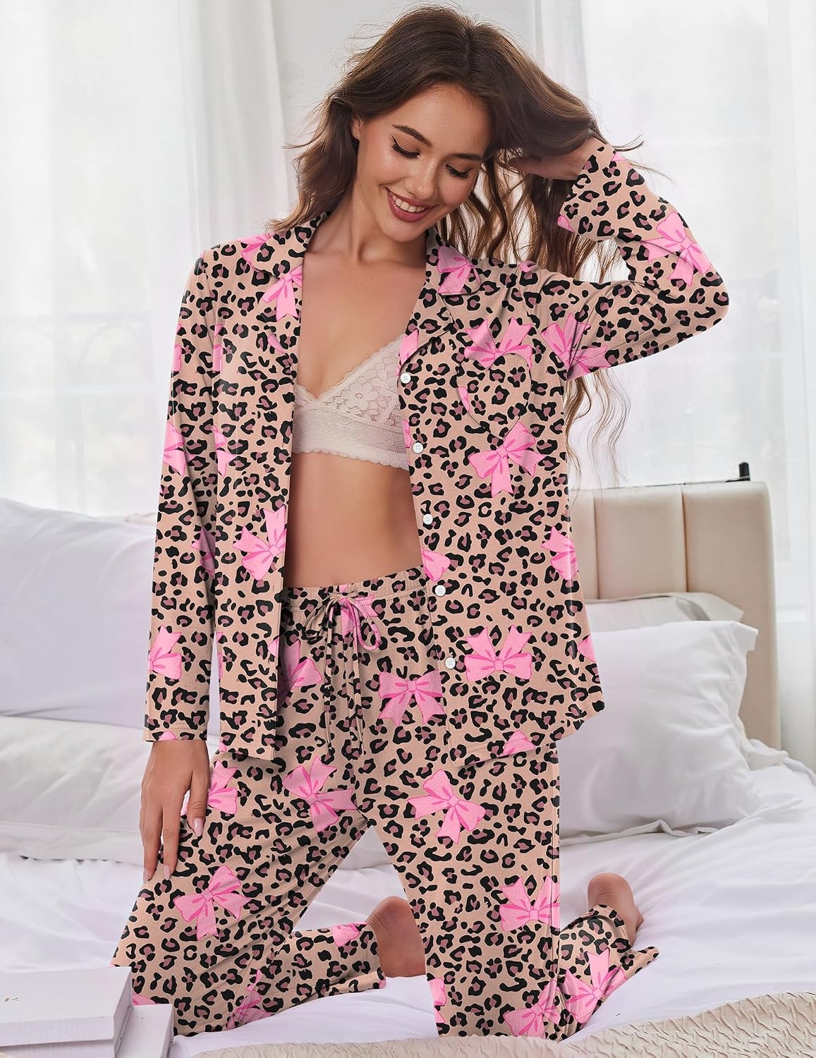 image:imageEkouaer Womens Pajama Sets Soft Long Sleeve Pjs Cute Button Down SleepwearLeopard Bow