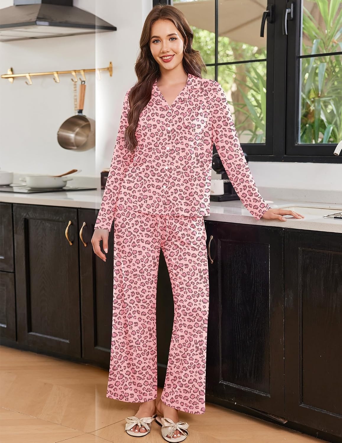 image:imageEkouaer Womens Pajama Sets Soft Long Sleeve Pjs Cute Button Down SleepwearLeopard Light Pink