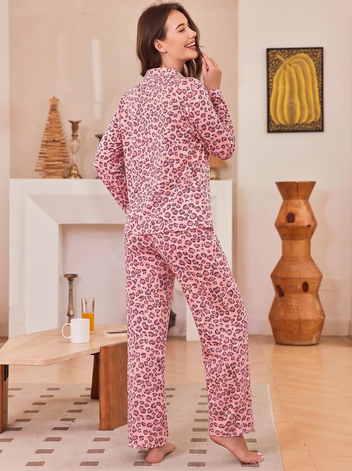 image:imageEkouaer Womens Pajama Sets Soft Long Sleeve Pjs Cute Button Down SleepwearLeopard Light Pink