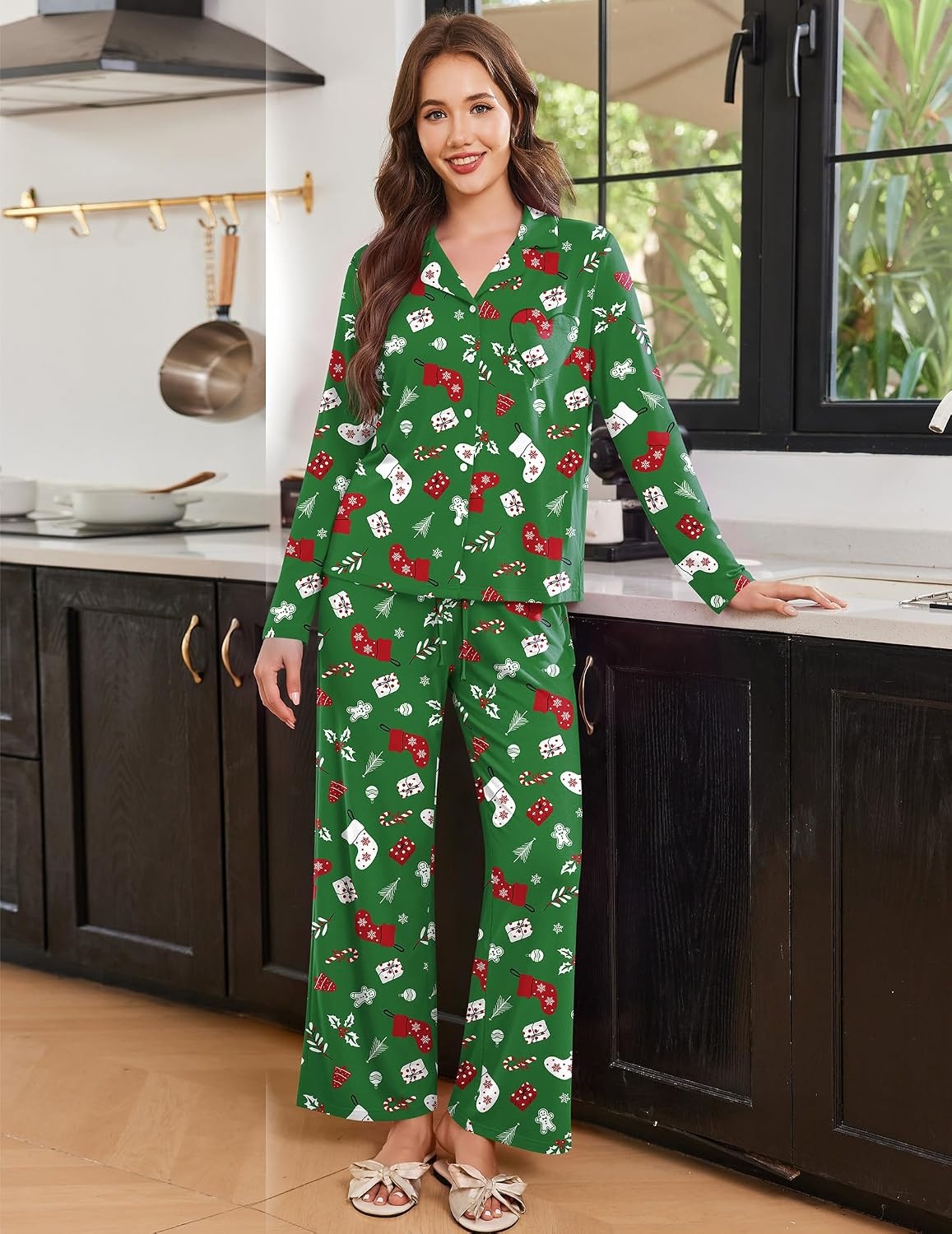 image:imageEkouaer Womens Pajama Sets Soft Long Sleeve Pjs Cute Button Down SleepwearXmas Green