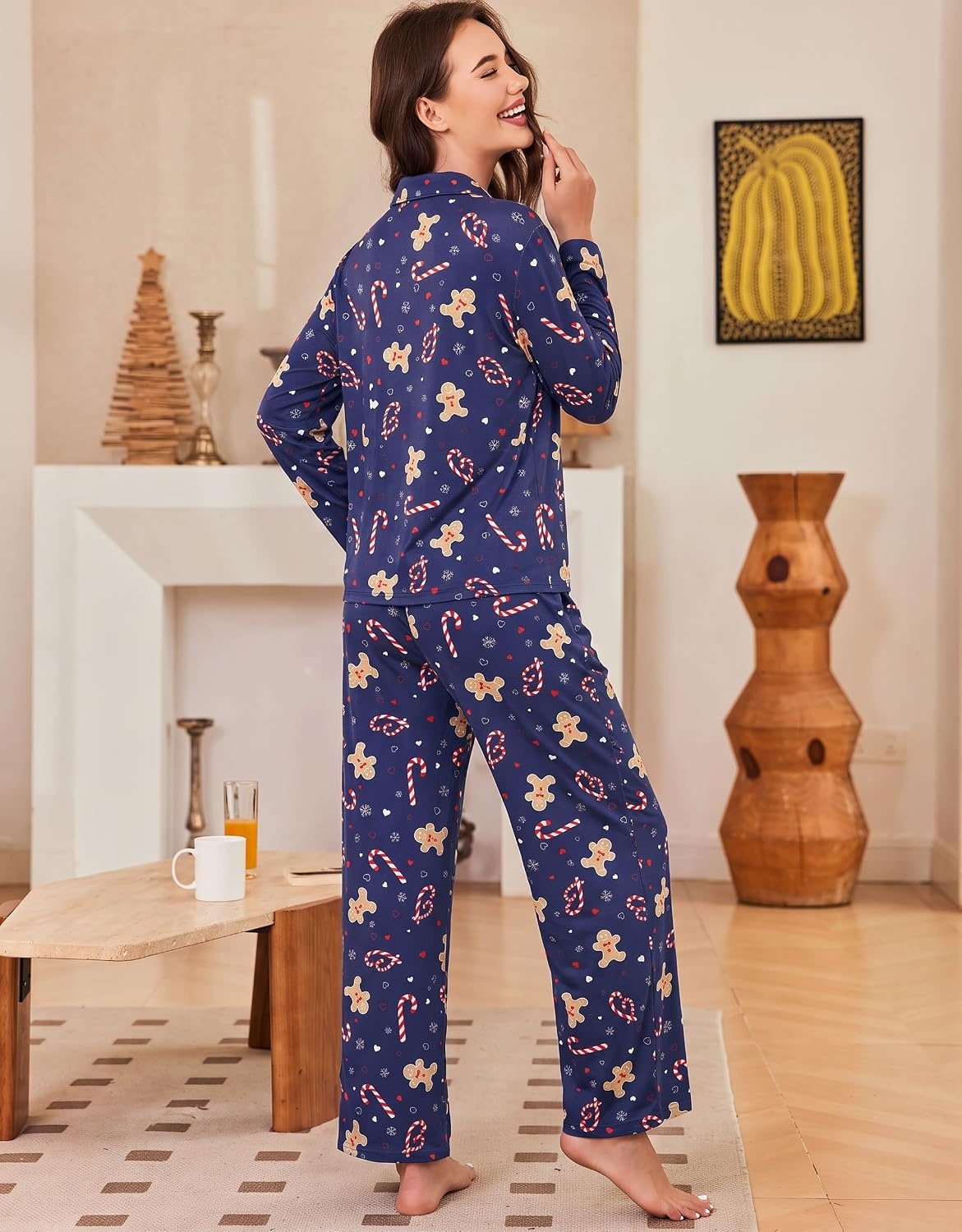 image:imageEkouaer Womens Pajama Sets Soft Long Sleeve Pjs Cute Button Down SleepwearXmas Navy Blue