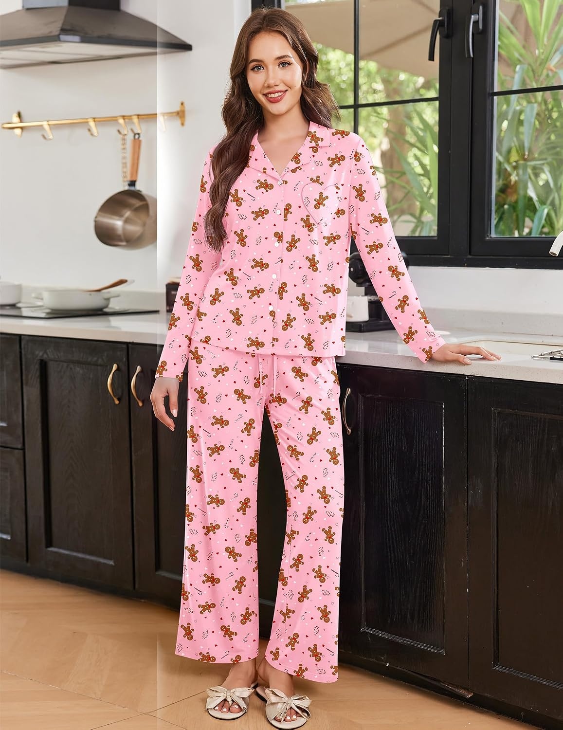 image:imageEkouaer Womens Pajama Sets Soft Long Sleeve Pjs Cute Button Down SleepwearXmas Pink