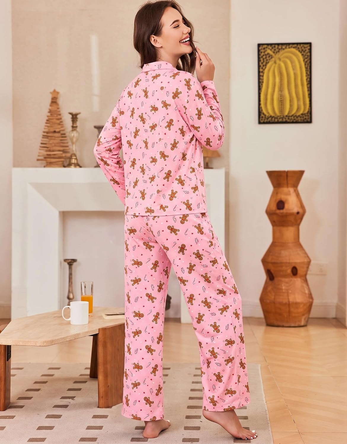 image:imageEkouaer Womens Pajama Sets Soft Long Sleeve Pjs Cute Button Down SleepwearXmas Pink