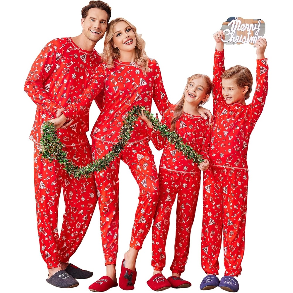 image:imageEkouaer Christmas Pajamas for Family Matching Long Sleeve Holiday Pjs Loungewear 2 Piece Lounge Sets Christmas Tree on Red Men L