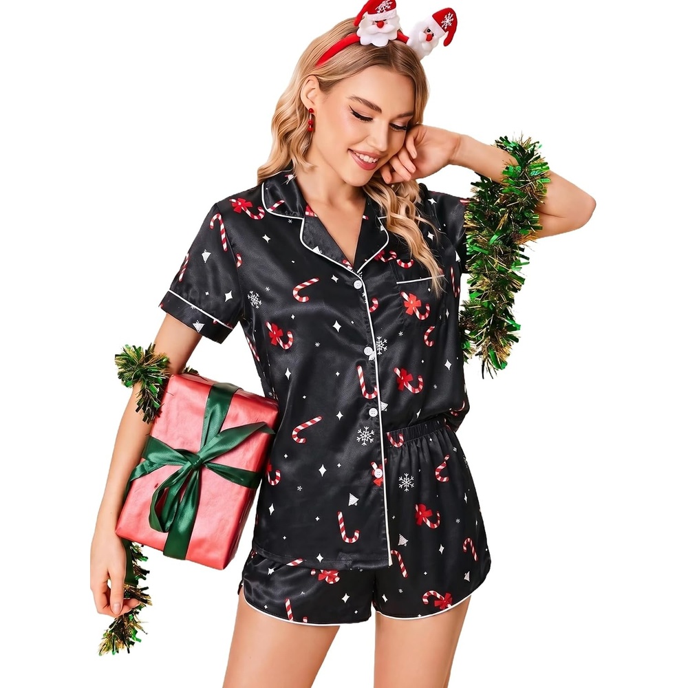 image:imageEkouaer Christmas Pajamas for Women Silk Satin 2 Piece Holiday Pjs SetBlack Christmas Candy Cane Print