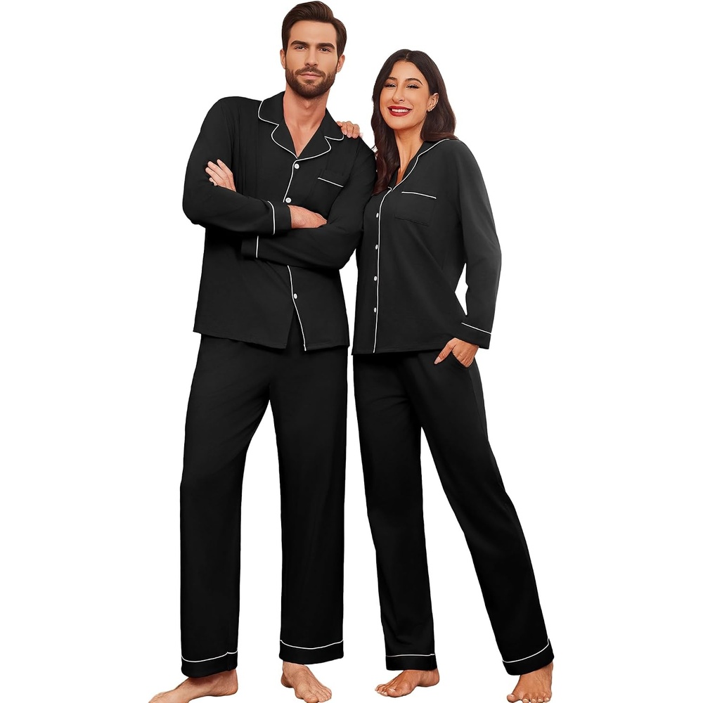 image:imageEkouaer Couple Matching Pajamas 100 Cotton Long Sleeve Loungewear Pj SetsBlack