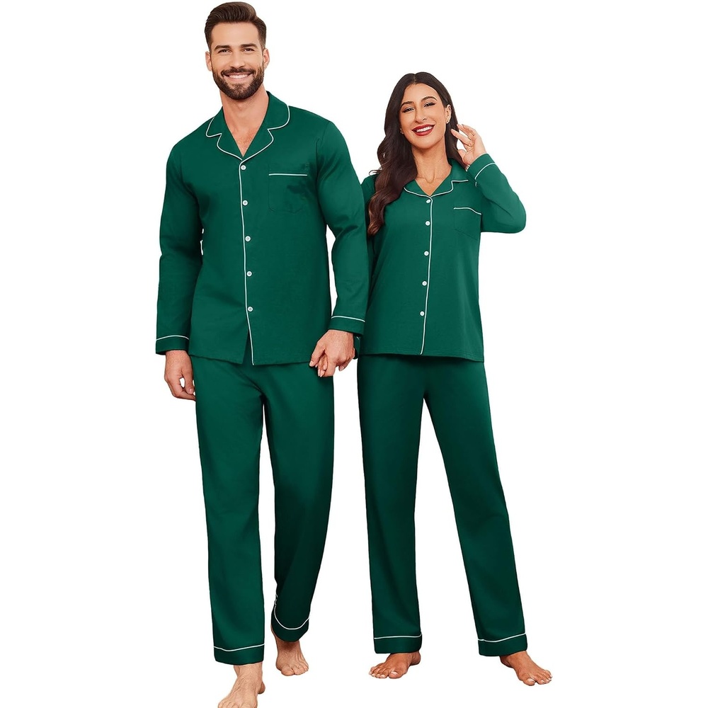 image:imageEkouaer Couple Matching Pajamas 100 Cotton Long Sleeve Loungewear Pj SetsGreen