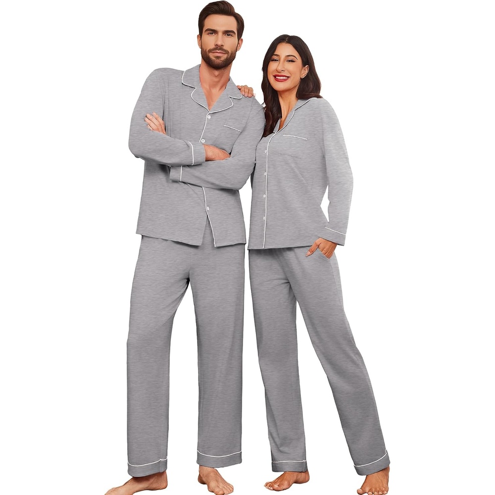 image:imageEkouaer Couple Matching Pajamas 100 Cotton Long Sleeve Loungewear Pj SetsLight Grey