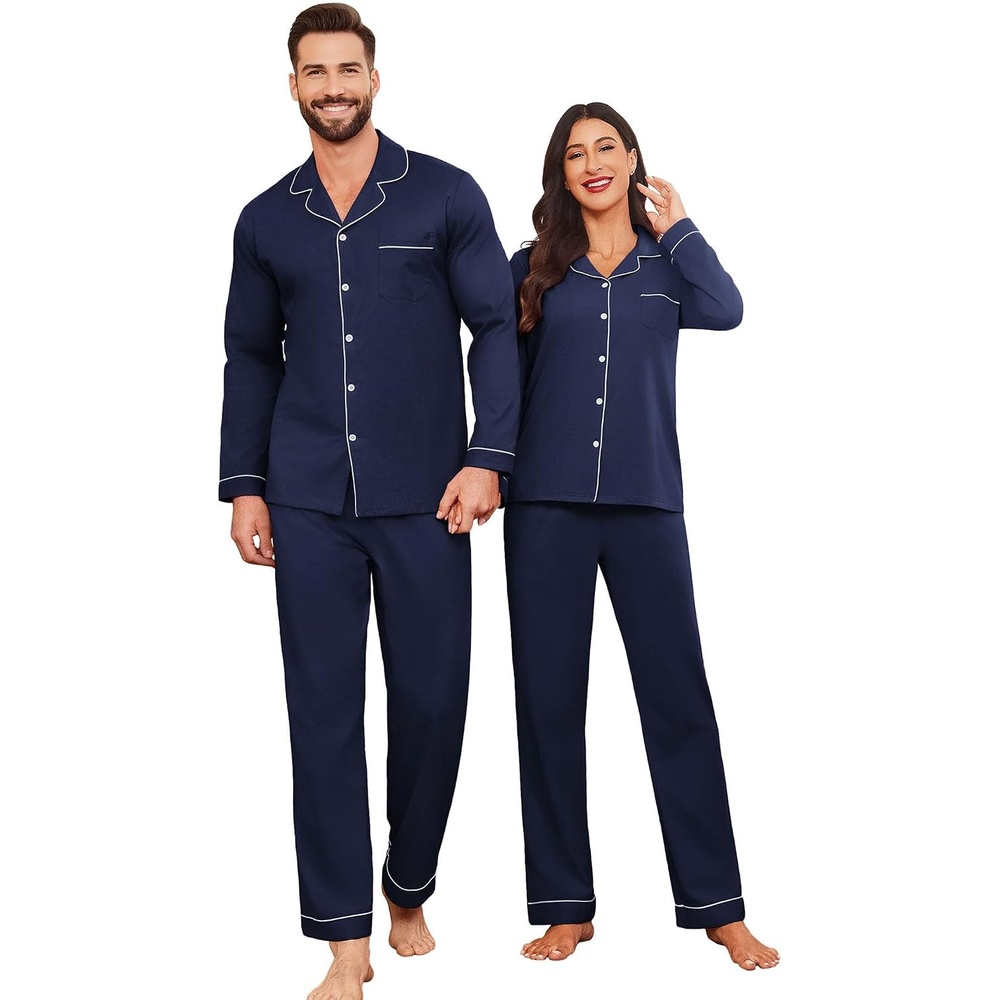 image:imageEkouaer Couple Matching Pajamas 100 Cotton Long Sleeve Loungewear Pj SetsNavy