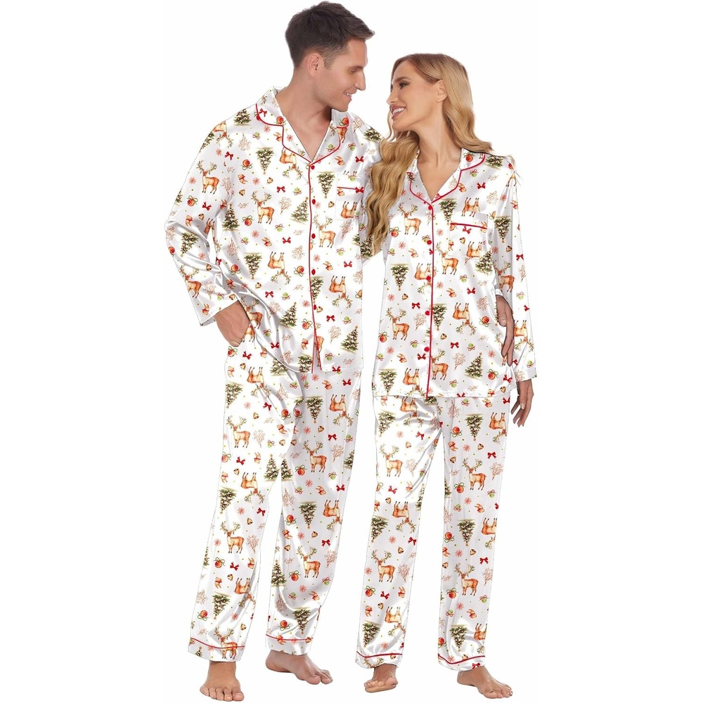 image:imageEkouaer Couples Matching Pajamas Silk Long Sleeve Sleepwear Satin Pjs SetChristmas Champagne