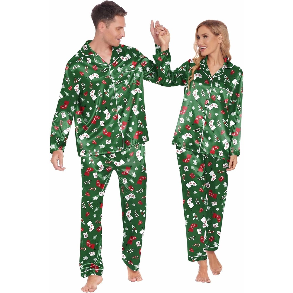image:imageEkouaer Couples Matching Pajamas Silk Long Sleeve Sleepwear Satin Pjs SetChristmas Green Print