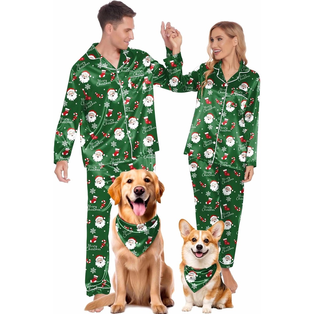 image:imageEkouaer Couples Matching Pajamas Silk Long Sleeve Sleepwear Satin Pjs SetChristmas Green Santa