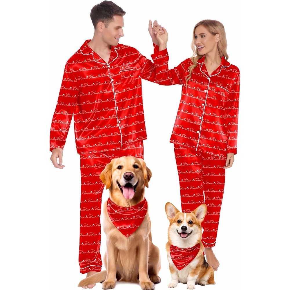 image:imageEkouaer Couples Matching Pajamas Silk Long Sleeve Sleepwear Satin Pjs SetRed Heart